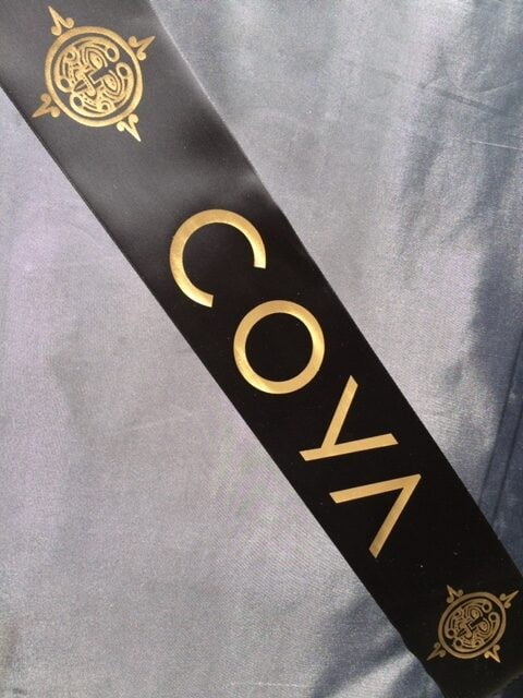 Black Satin Printed Ribbon With Metallic Gold Printed Logo Black Satin Printed Ribbon With Metallic Gold Printed Logo