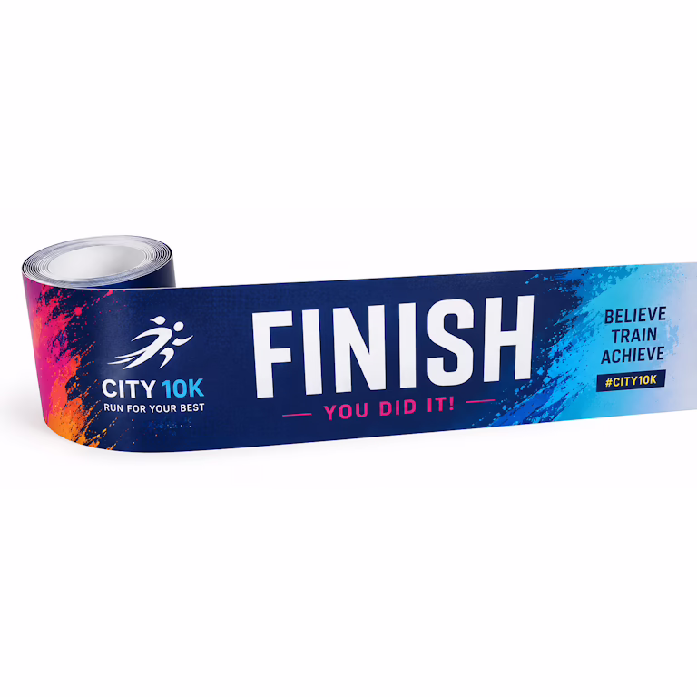 Finish banner for City 10K race with bold 'FINISH', pink 'YOU DID IT!' text, and a colorful blue-to-gradient background on the ribbon square tile